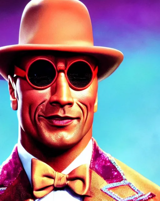 Image similar to Film still close-up shot of Dwayne Johnson as Willy Wonka from the movie Willy Wonka & The Chocolate Factory. Photographic, photography