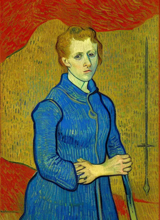 Prompt: !! portrait of joan d'arc!! by van gogh, detailed expressionist oil painting masterpiece with detailed face, 8 k resolution, smooth, sharp focus