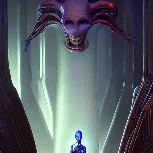 Prompt: a fantasy style portrait painting of a extremely strange and incomprehsible alien with a futuristic background and dramatic lighting oil painting unreal 5 daz. rpg portrait, extremely detailed wayne barlowe michael whelan artgerm greg rutkowski greg hildebrandt tim hildebrandt michael whelan h r giger moebius