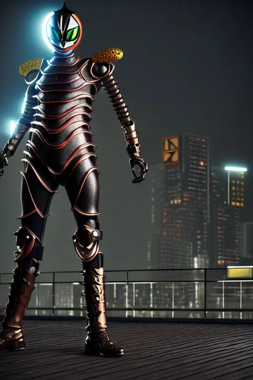 Prompt: kamen rider big technical belt hero action pose, full body portrait, human structure bee concept art, human anatomy, intricate detail, hyperrealistic art and illustration by irakli nadar and alexandre ferra, blurry and sharp focus, on future tokyo night rooftop, unreal 5 engine highlly render, global illumination