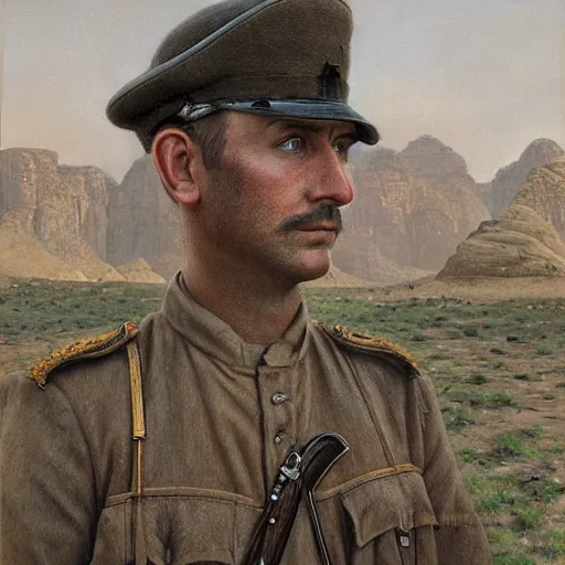 Prompt: a detailed photorealistic muted - color portrait painting of a 1 9 1 7 worried clean - shaven british lieutenant in field gear from the arab bureau in wadi rum, ultra realistic, intricate details, atmospheric, dark, brooding, highly detailed, by clyde caldwell