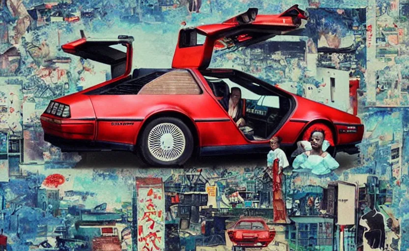 Image similar to a red delorean in ajegunle slum of lagos - nigeria, painting by hsiao - ron cheng & salvador dali, magazine collage & ukiyo - e style, masterpiece.