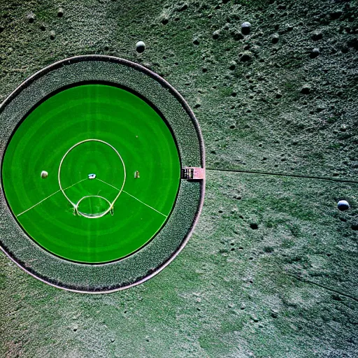 Image similar to a photography of a green soccer pitch on the moon, extreme long shot