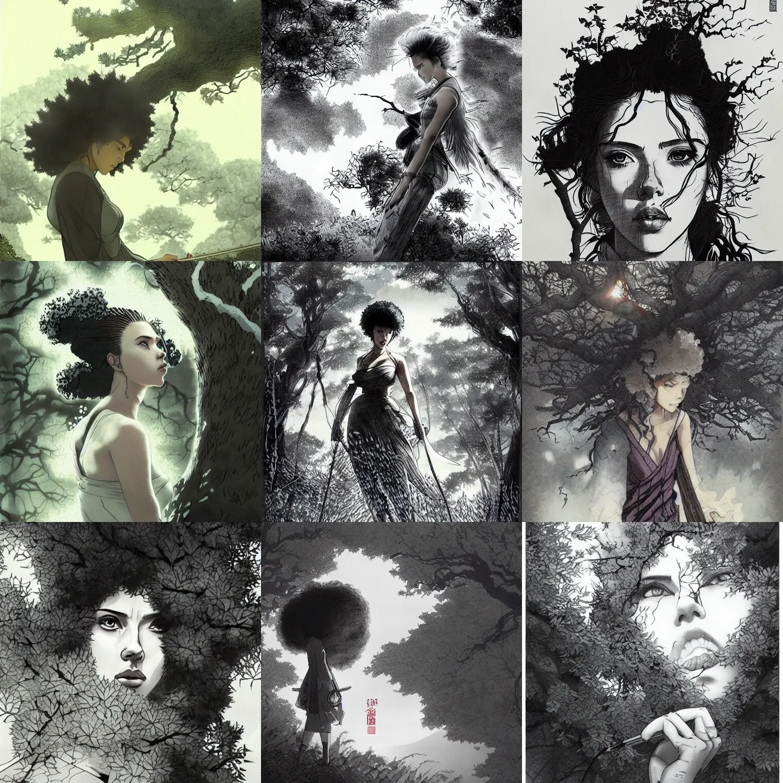 Prompt: scarlett johansson as afro samurai in beautiful japanese landscape scene, leaves blowing off trees, manga style, greg rutkowski, pencil and ink