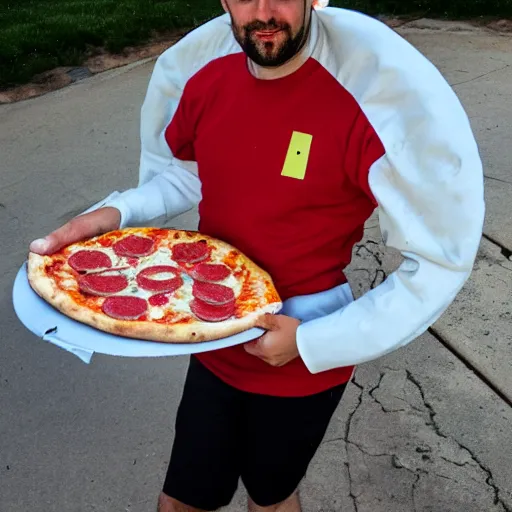 Prompt: pizza man of doom eating a pizza