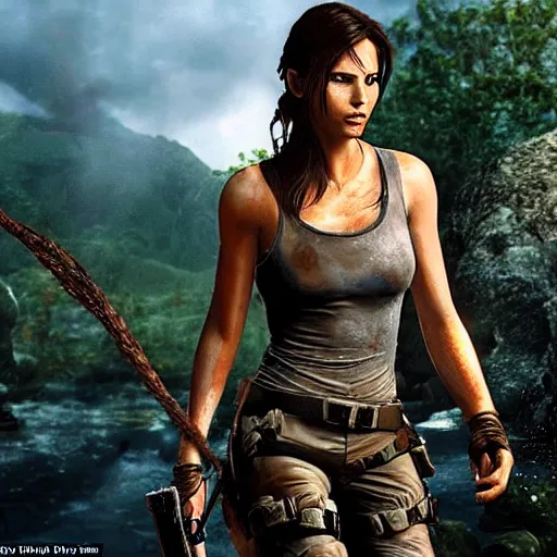 Image similar to film scene lara croft emerges from the river water, her face is covered with mud, part of the body is still in the river