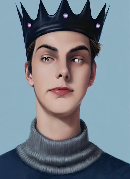 Image similar to portrait of teenage jughead jones wearing a light grey crown, crown, blue turtleneck, 1 9 5 0 s, closed eyes, photorealistic, black hair, glowing lighting, intricate, elegant, glowing lights, highly detailed, digital painting, artstation, concept art, smooth, sharp focus, illustration, art by wlop, mars ravelo and greg rutkowski