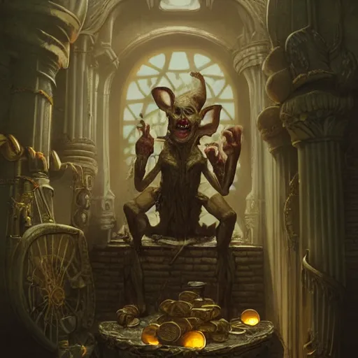 Prompt: goblin from gringotts counting gold by tom bagshaw and tad nasmith