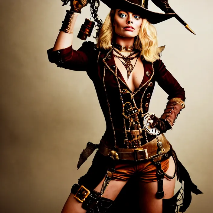 Image similar to full body photograph of margot robbie as a steampunk pirate. Extremely detailed. 8k