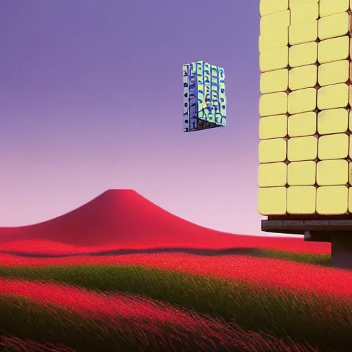 Prompt: an ear floating above a japanese landscape with rubik cubes. Masterpiece, Edward Hopper and James Gilleard, Zdzislaw Beksinski, Mark Ryden, Wolfgang Lettl, hints of Yayoi Kasuma, octane render, 8k.