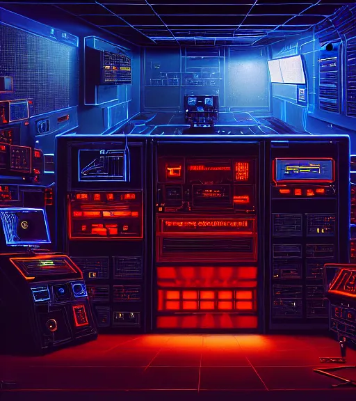 Prompt: portrait of a boss lair with a large terminals on the wall, cybertronic gadgets, vantablack cloth technology, night, rusty shapes, biotechnology, dariusz zawadzki, tim hildebrandt, wayne barlow, bruce pennington, larry elmore, oil on canvas, deep depth field, masterpiece, cinematic composition, hyper - detailed, hd, hdr