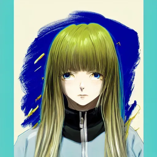 Image similar to profile shot of rimuru tempest, sky blue straight hair, long bangs, gold eyes, wearing a black jacket with white stripes, high collar, ultra detailed, wild brush strokes, digital painting, cinematic, wlop, galactic background, pixiv, color block, eerie, scary, yoshitaka amano, ilya kuvshinov, andy warhol