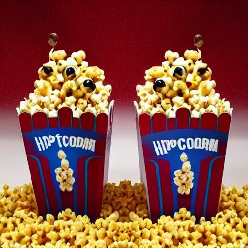 Image similar to hyper realistic, two headed squid eating popcorn at the cinema