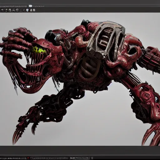 Image similar to a biomechanical horror, half creature half machine, DOOM inspired, realistic octane render