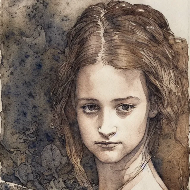 Prompt: a detailed, intricate watercolor and ink portrait illustration with fine lines of young 1 4 year old alicia vikander looking over her shoulder, by arthur rackham and edmund dulac and lisbeth zwerger