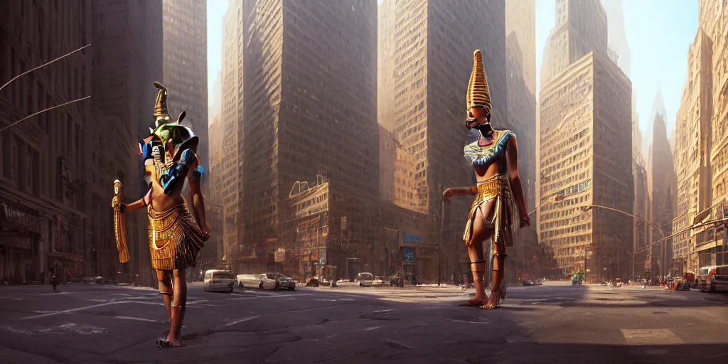 Prompt: an egyptian god walking the streets of new york, digital art, landscape, fantasy art, octane render, unreal engine, high detail, very realistic, by ross tran. by james gurney