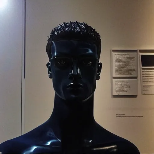 Image similar to “ a realistic detailed photo of a guy who is an attractive humanoid who is half robot and half humanoid, who is a male android, soccer player antoine griezmann, shiny skin, posing like a statue, blank stare, at the museum, on display ”