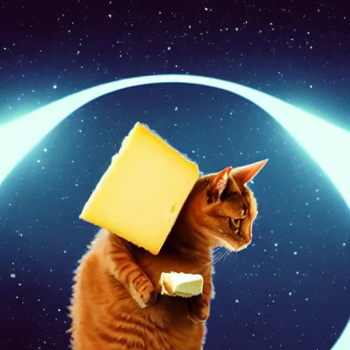 Prompt: cat in a black hole eating cheese with a lightsaber