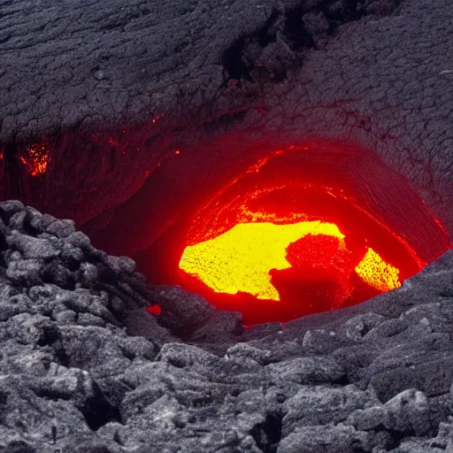 Image similar to head of neco - ark emerges from a lava lake, cave background, high detail, lava reflections, cave reflecting in the lava lake, dramatic shot