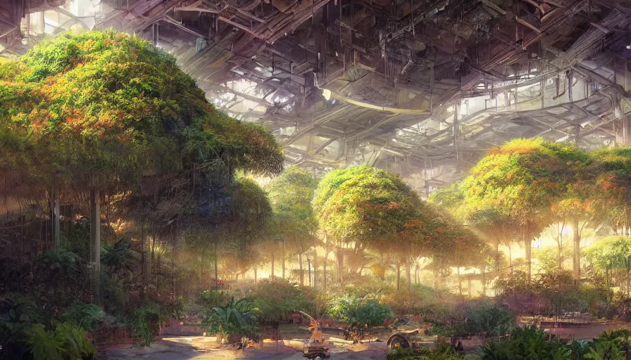 Prompt: craig mullins and ghibli digital illustration vertical farms and hydroponics under a force field dome, colorful, unreal engine, hyper realism, realistic shading, cinematic composition, realistic render, octane render, detailed textures, photorealistic, wide shot