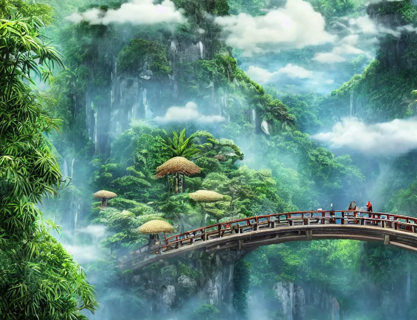 Image similar to a cinematic widescreen photo of ancient japanese cloud temples, a winding path across a bridge, a terraced mountain in a misty bamboo cloud forest with colossal waterfalls at dawn by studio ghibli and roger dean, terraced, mystical, gardens by the bay
