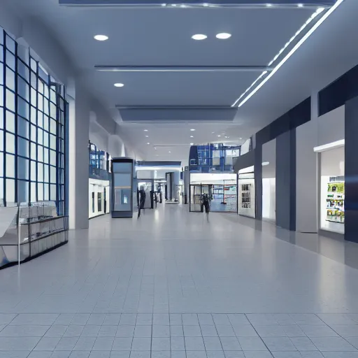 Prompt: interior design of a shopping mall, modern minimal design, blue and grey color scheme, photorealist, 4 k