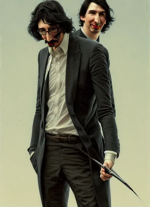 Image similar to painting of both john oliver and adam driver together, john oliver in front, full body, elegant, beautiful, highly detailed, centered, dark, smokey, digital painting, concept art, smooth, sharp focus, illustration, deviant art, art by artgerm, art by greg rutkowski, art by alphonse mucha