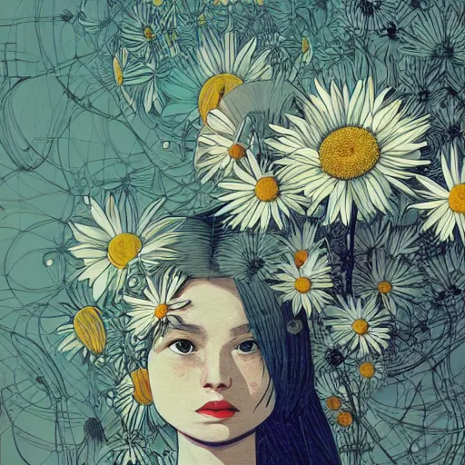 Image similar to closeup, huge daisy flower head, woman in modern apartment, surreal, dramatic light, by victo ngai by james jean, by rossdraws, frank franzzeta, mcbess