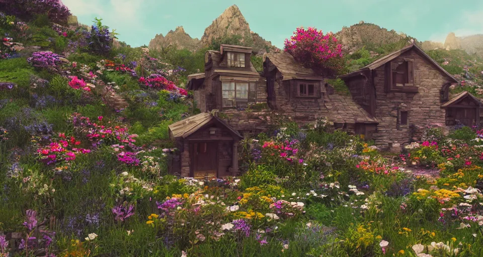 Image similar to small house in canyon filled with flowers, giant space ship in the background, photorealistic, trending on artstation, moody