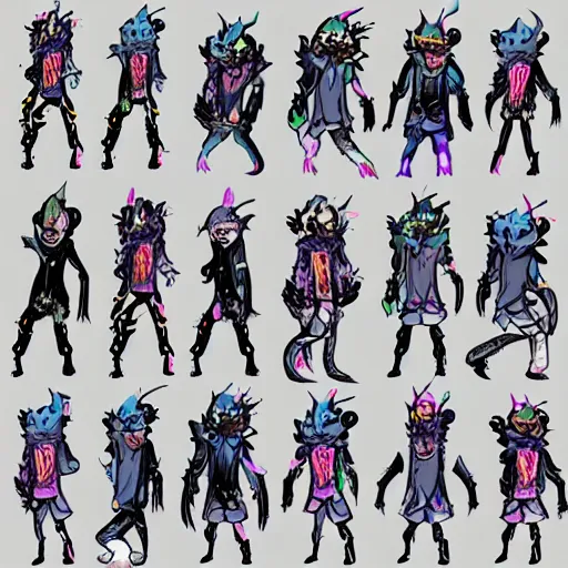 Image similar to character design sheets for a new vampire squid character, artwork in the style of splatoon from nintendo, art by tim schafer from double fine studios, black light, neon, spray paint, punk outfit, tall thin toothpick like frame adult character, fully clothed, gothic, colorful, sparkles and glitter