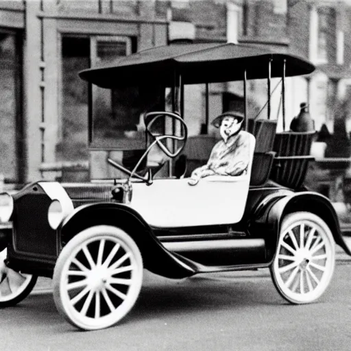 Image similar to a rabbit driving a model t ford, black and white photograph