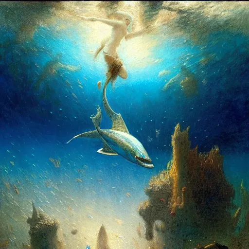 Image similar to point of view of deep in the ocean looking up, you see fishes, higher up you see the milk way, night time. highly detailed painting by gaston bussiere, greg rutkowski 8 k