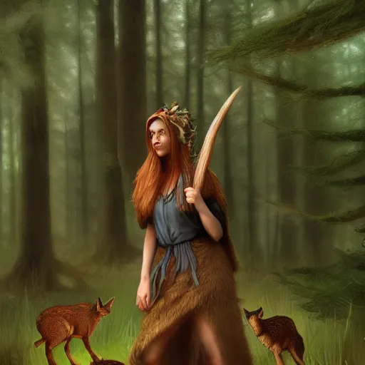 Image similar to a female woodland druid surrounded by forest animals, in the woods, hyper realistic, digital painting, photorealistic, in the style of greg rutkowski, detailed