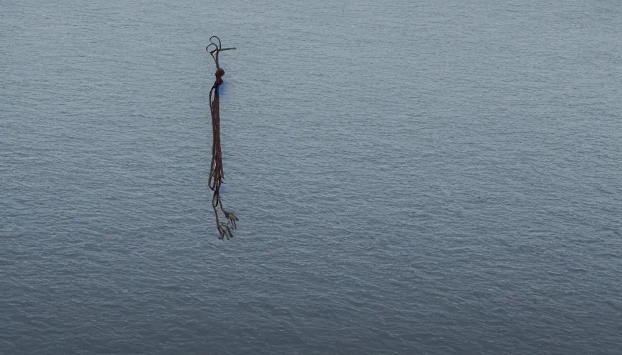 Image similar to photograph of a dark lake, cloudy day, rope floating on or near top of water, snaking towards the center of the lake, anamorphic lens, kodak color film stock