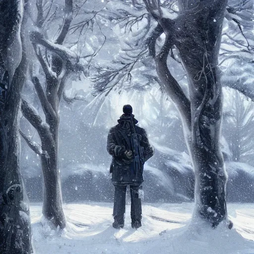 Image similar to a man holding a gun in snow in a couple of trees surrounding the man head view by greg rutkowski