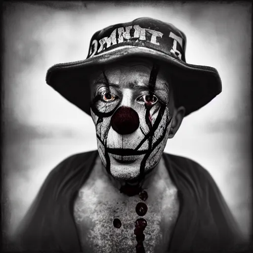 Prompt: Homeless portrait of dirty Pennywise in scrappy clothing, HD, award winning photograph by Lee Jeffries