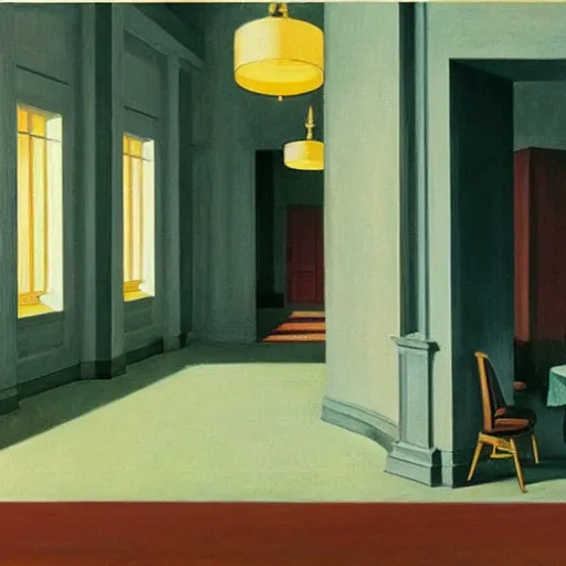 Image similar to interior of a 1 9 4 0 s hotel lobby, by edward hopper