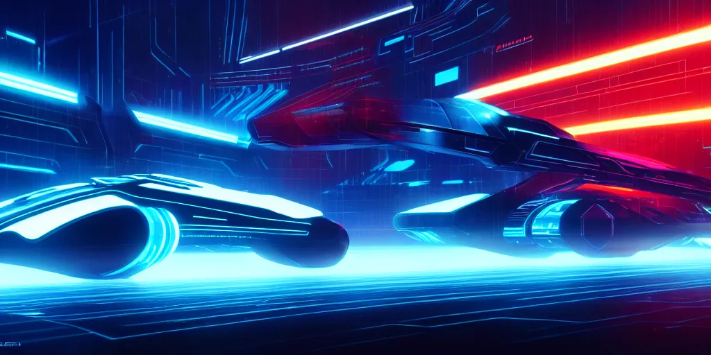 Prompt: a wide angle view of a technopunk spaceship in the style of tron legacy, hyperrealism, concept art, ominous, darksynth, illuminated lines, outrun, vaporware, misty, by ridley scott and denis villeneuve, dramatic lighting, 8 k