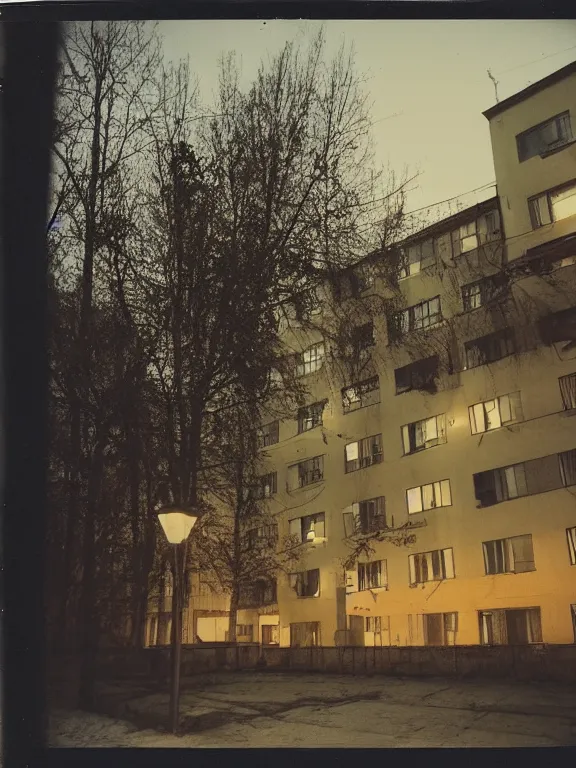 Prompt: polaroid photo of low residential building in russian suburbs, lights are on in the windows, deep night, post - soviet courtyard, cozy atmosphere, light fog, street lamps with orange light, several birches nearby, several elderly people stand at the entrance to the building