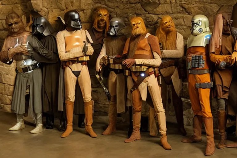 Prompt: the cantina scene from the medieval morality play star wars