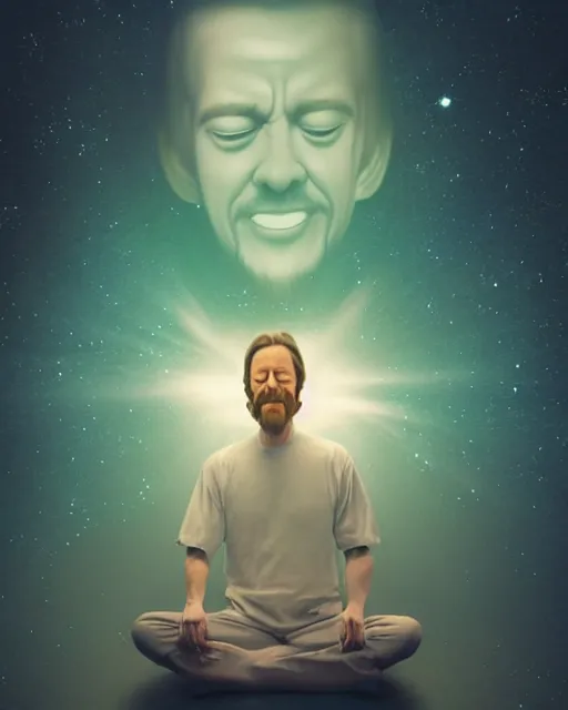 Image similar to alan watts grinning meditating floating hair cinematic in galaxy universe realistic dramatic backlit stylized soft airbrush painting highly detailed, subsurface scattering, 3d render senior artist, photorealistic, textured, featured on artstation