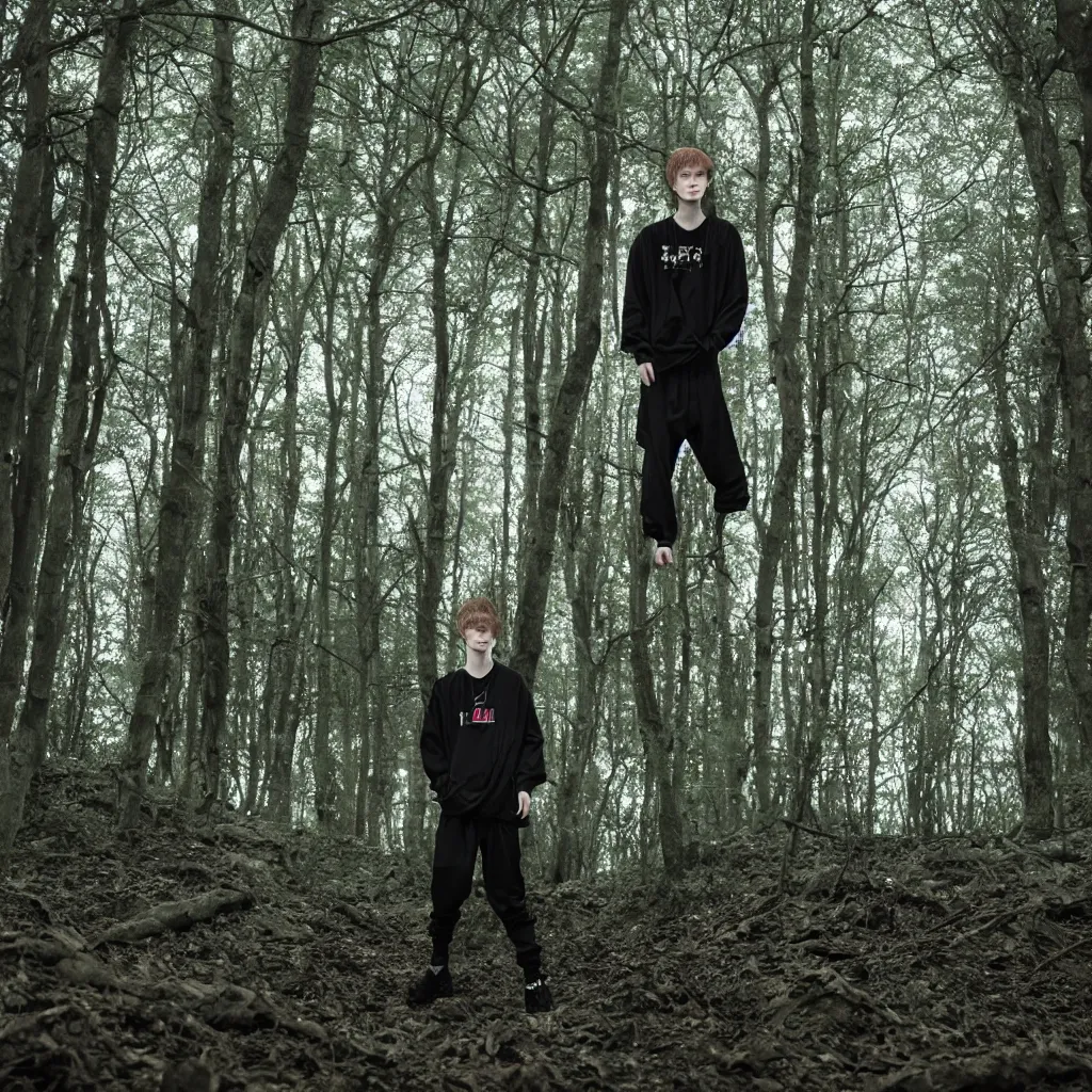 Image similar to cinematic still of bladee in dark forest, XF IQ4, f/1.4, ISO 200, 1/160s, 8K, RAW, dramatic lighting, symmetrical balance, in-frame