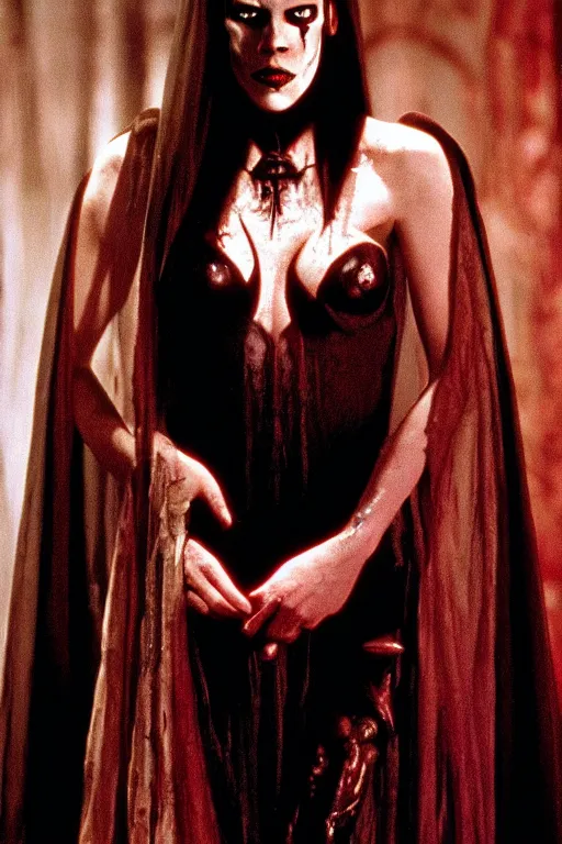 Image similar to dressed liv tyler, a sinister demonic queen of cenobites, symmetrical, cinematic, elegant, demonic atmosphere, professional studio light, real dlsr photography, sharp focus, costume made by clive barker, real rotten flesh, blood and bones, 4 k, ultra hd, sense of awe
