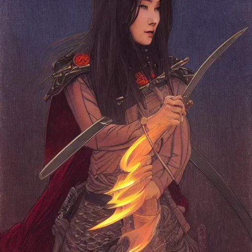 Image similar to a detailed tarot card of a female ninja holding a flaming katana, ominous nighttime storm, fantasy, d & d, intricate, elegant, highly detailed, digital painting, artstation, concept art, matte, sharp focus, illustration, art by john collier and albert aublet and krenz cushart and artem demura and alphonse mucha