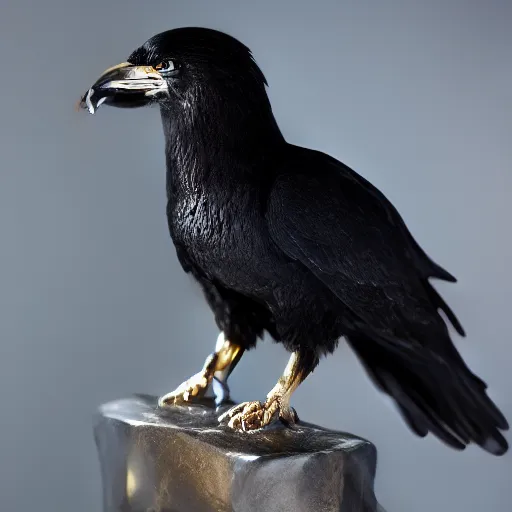 Prompt: metallic mineral stones sculpted into a very realistic raven. beautiful sculpting. masterwork from Japan. spotlighted. back lighted. ring light.