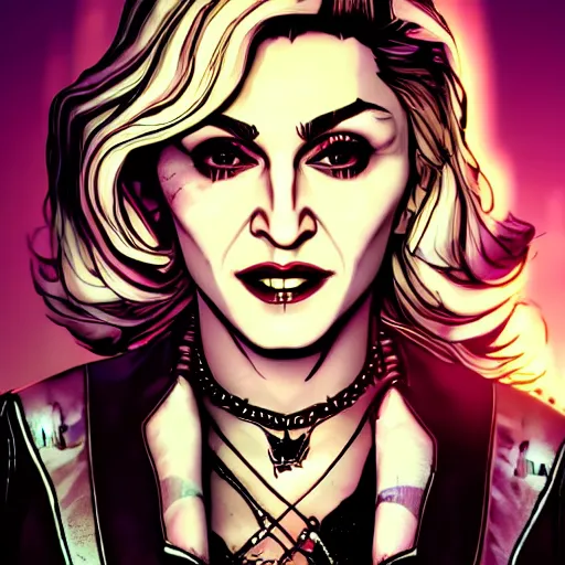 Image similar to madonna portrait, borderlands, tales from the borderlands, the wolf among us, comic, cinematic lighting, studio quality, 8 k