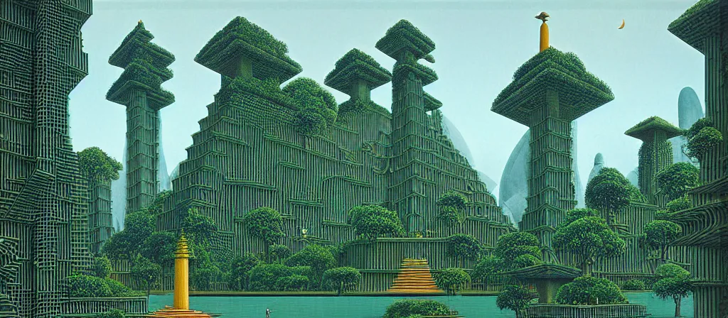 Image similar to huge gargantuan angular dimension of pagoda liminal spaces, temples by escher and ricardo bofill. utopian singaporean landscape by roger dean. magical realism, surrealism, lush sakura trees, waterfalls, thunder, lightning, cyberpunk, shot from below, epic scale