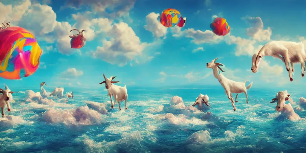 Prompt: Floating goats on LSD over a technicolor ocean, Darek Zabrocki, Karlkka, Jayison Devadas, Phuoc Quan, trending on Artstation, 8K, ultra wide angle, pincushion lens effect.