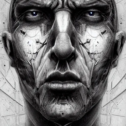 Prompt: surreal portrait of a man by Greg Rutkowski and H.R Giger, cyborg of indeterminate age, symmetrical, bald, haunting and artificial appearance, pale as marble, biomechanical and intricate, empty and uncany expression, cosmic void background, frightening, fascinating, highly detailed portrait, digital painting, book cover, artstation, concept art, smooth, sharp foccus ilustration, Artstation HQ.