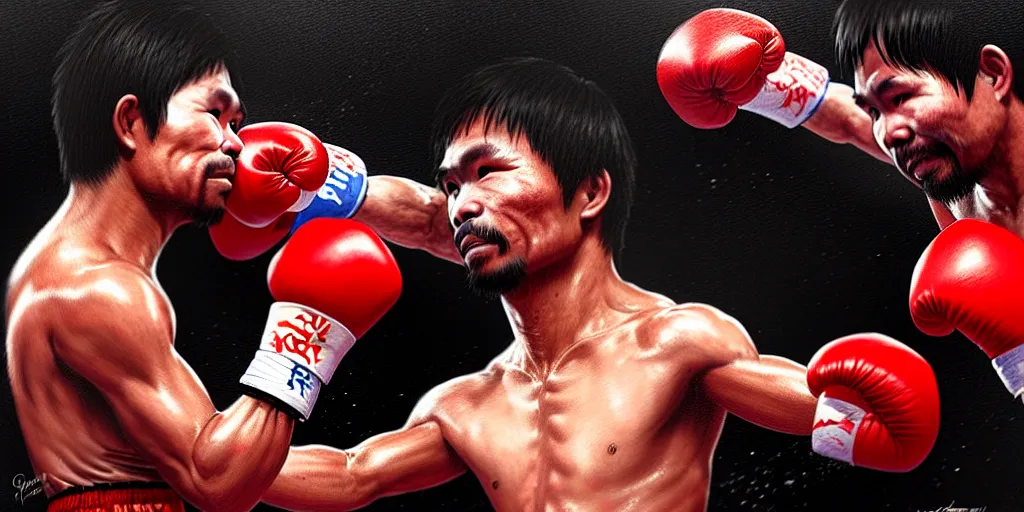 Image similar to manny pacquiao versus bongbong marcos in a boxing fight, detailed intricate illustration, dark atmosphere, detailed illustration, hd, 4 k, digital art, overdetailed art, by greg rutkowski, by loish, complementing colors, trending on artstation, deviantart